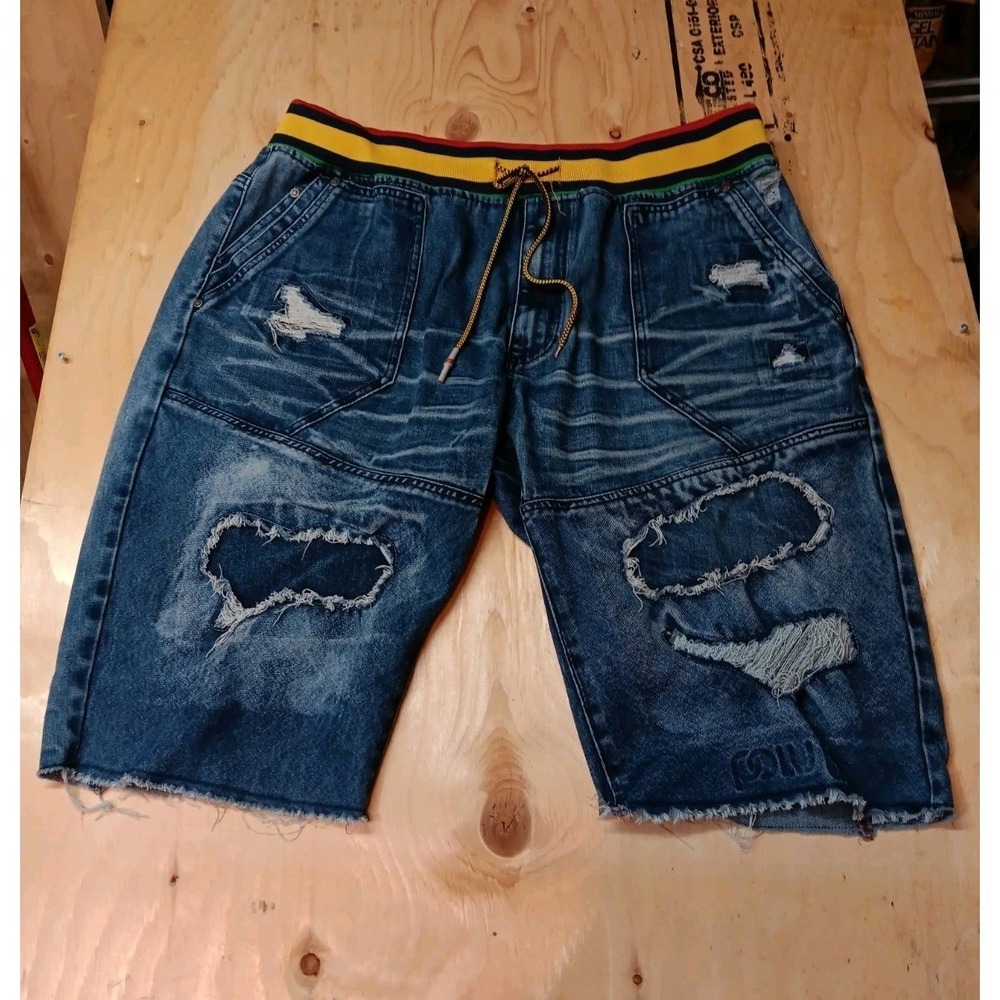 Born Fly RASTA Blue Jean Shorts Size 40 100% Authentic Frayed Y2K GRUNGE VINTAGE